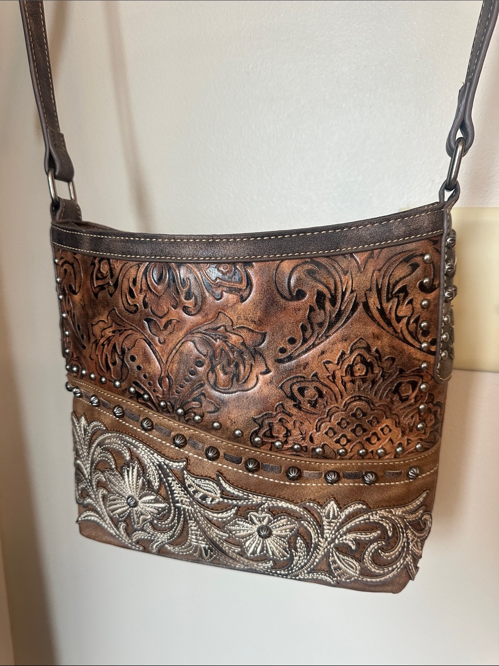 Women's Brown Embossed Leather Crossbody Bag